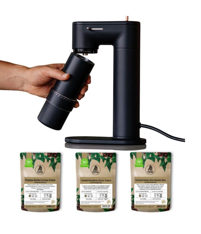 Zestaw prezentowy młynek ręczy i automatyczny z kawami do przelewu