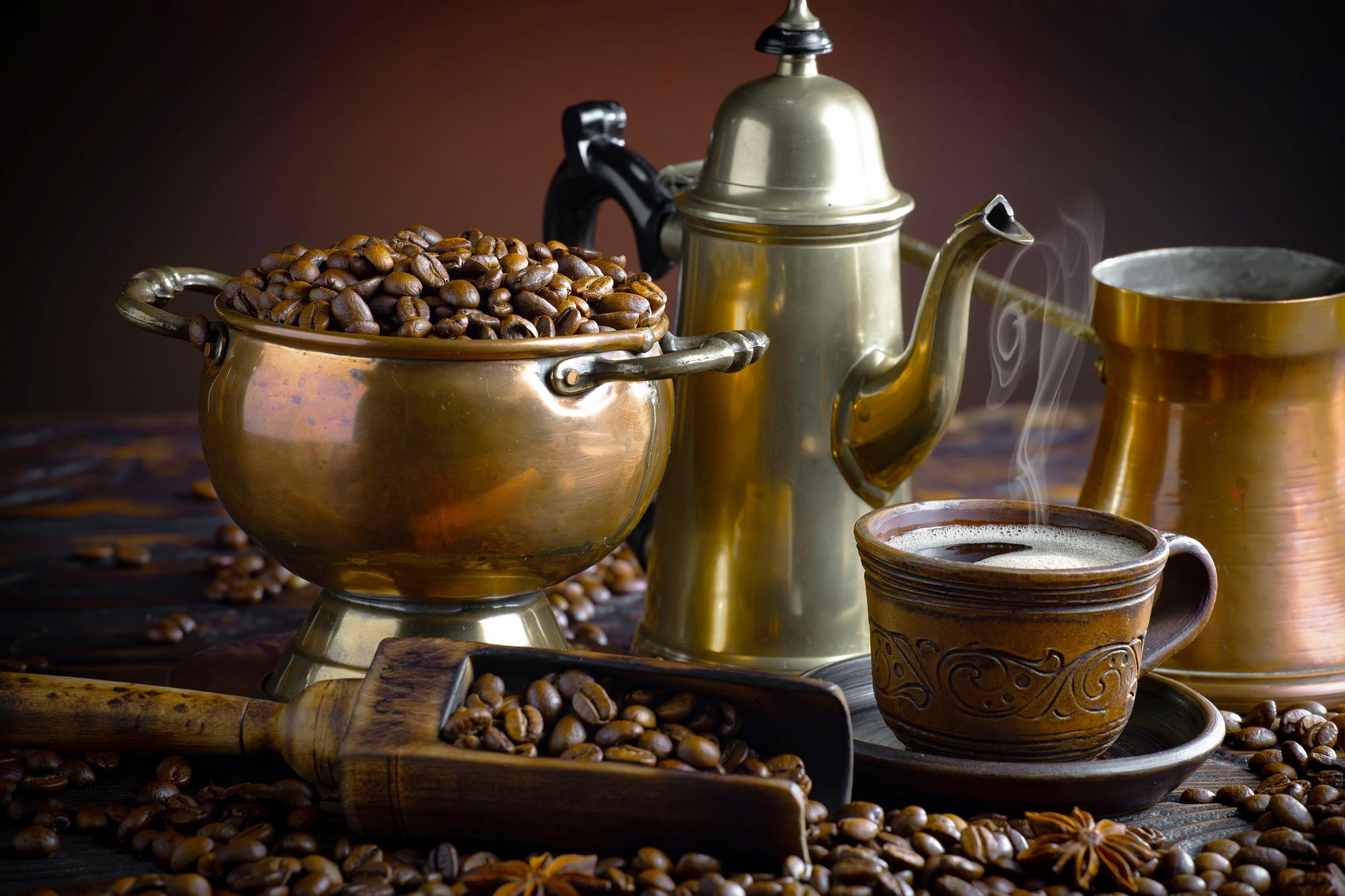 kawa, kawiarka, filiżanka z kawą arabica